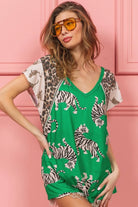 BiBi Green Tiger Printed Jersey Block T-Shirt with Leooard & Aztec Trim