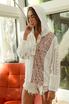 BiBi Ivory Slub Jersey with Lace Combo Buttoned Hoodie Top