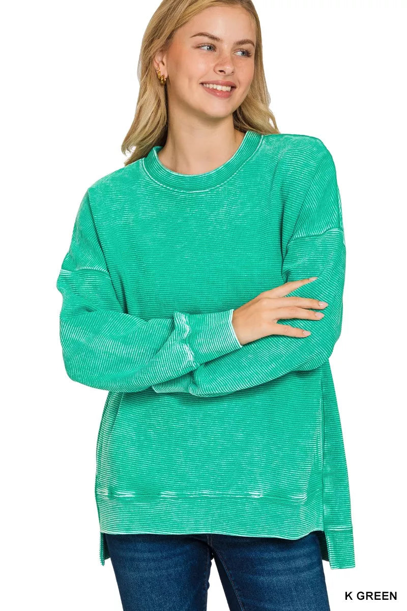 Zenana Kelly Green Acid Washed Double Ribbed Hi-low Sweatshirt K GREEN