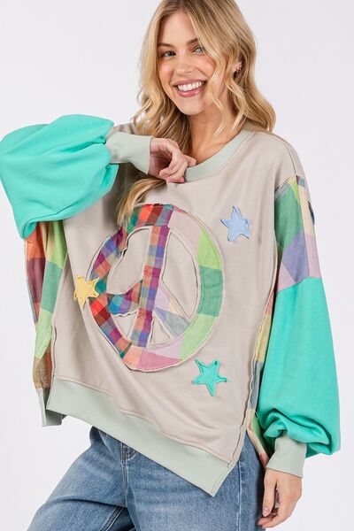 SAGE + FIG Tiffany Blue Contrast Peace Patch Dropped Shoulder Sweatshirt