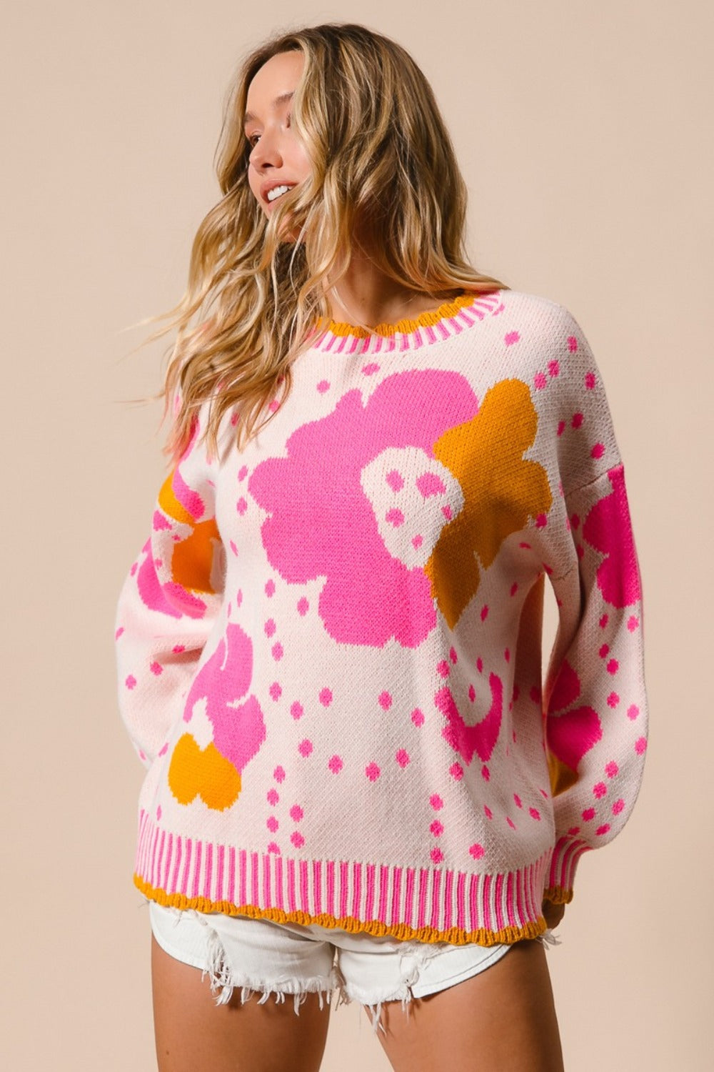 BiBi Pink Flower Pattern Contrast Sweater Trendsi