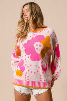 BiBi Pink Flower Pattern Contrast Sweater Shirts & Tops