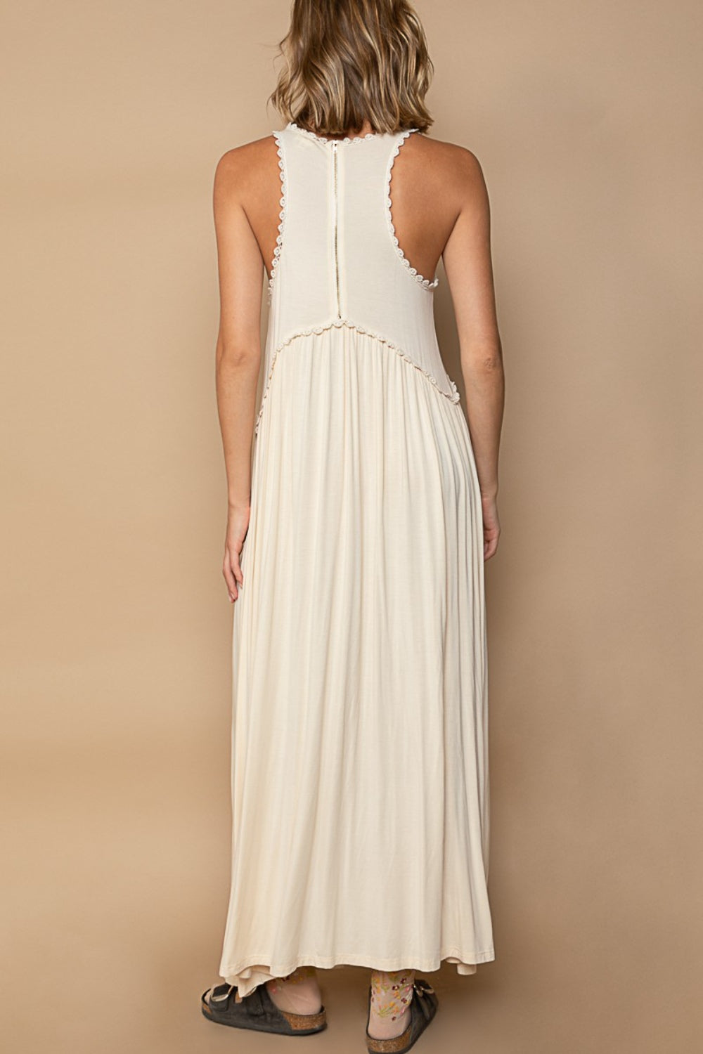 POL Sleeveless Back Zipper Front Slit Maxi Dress in Cream Trendsi