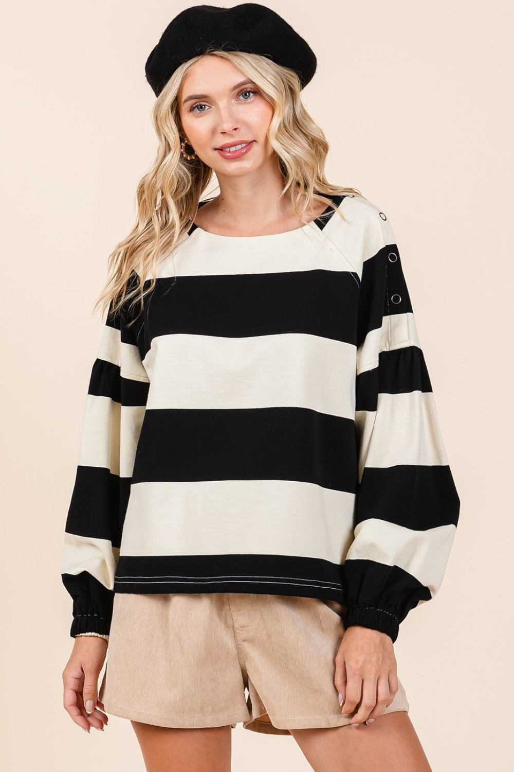 Mittoshop Black & Ivory Striped Snap Shoulder Long Sleeve T-Shirt Shirts & Tops