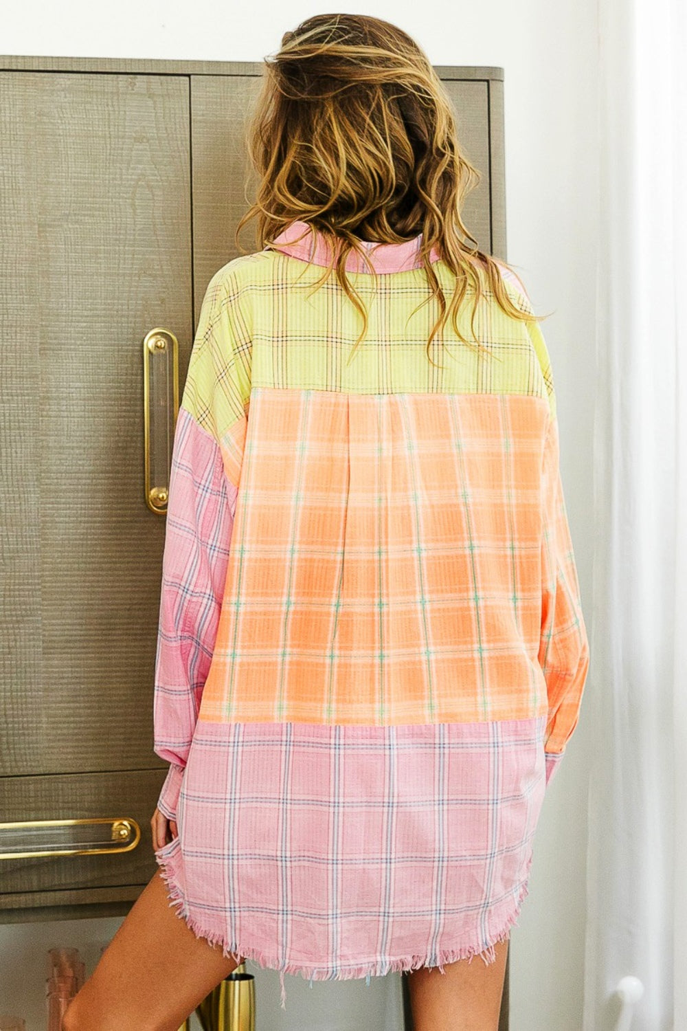 BiBi Pink Multi Plaid Color Block Raw Hem Shirt Trendsi