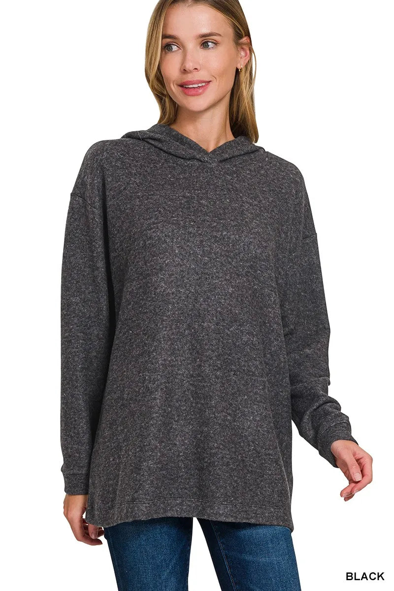 Zenana Black Hooded Brushed Melange Hacci Sweater BLACK