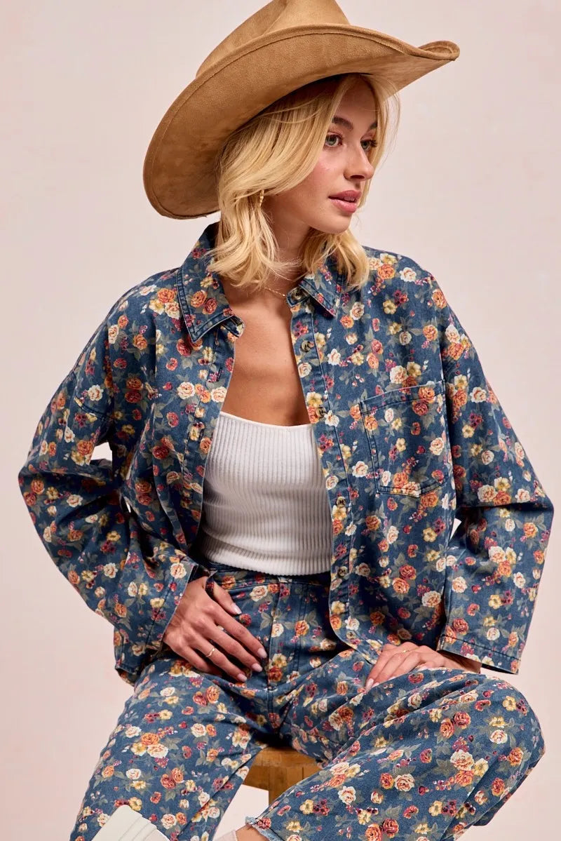 BiBi Washed Floral Print Denim Jacket DENIM