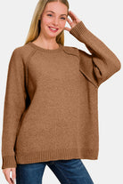 Zenana Chenille Side Slit Raglan Sleeve Sweater in Deep Camel Shirts & Tops