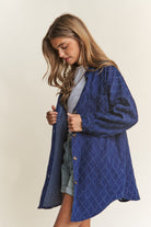 J.NNA Rhombus Stitched Button Up Denim Shacket Trendsi