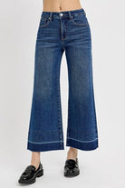 RISEN Dark Washed Tummy Control High Rise Crop Wide Hem Jeans