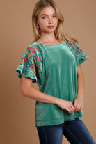 Umgee Turquoise Velvet Embroidery Short Sleeve Blouse Shirts & Tops