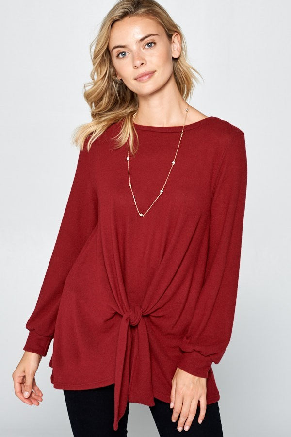 Super Lady Burgundy Round Neck Knot Front Hacci Blouse Burgundy Shirts & Tops