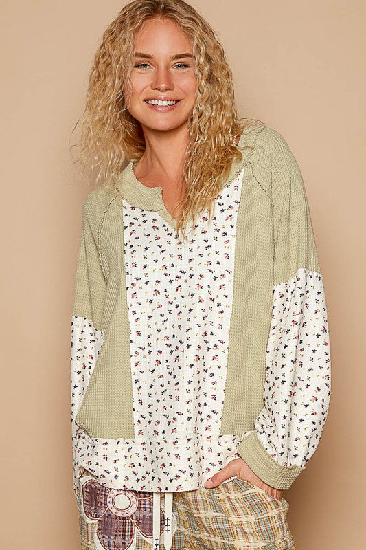 POL Sage Waffle Knit Floral Notched Long Sleeve Top Sage Shirts & Tops