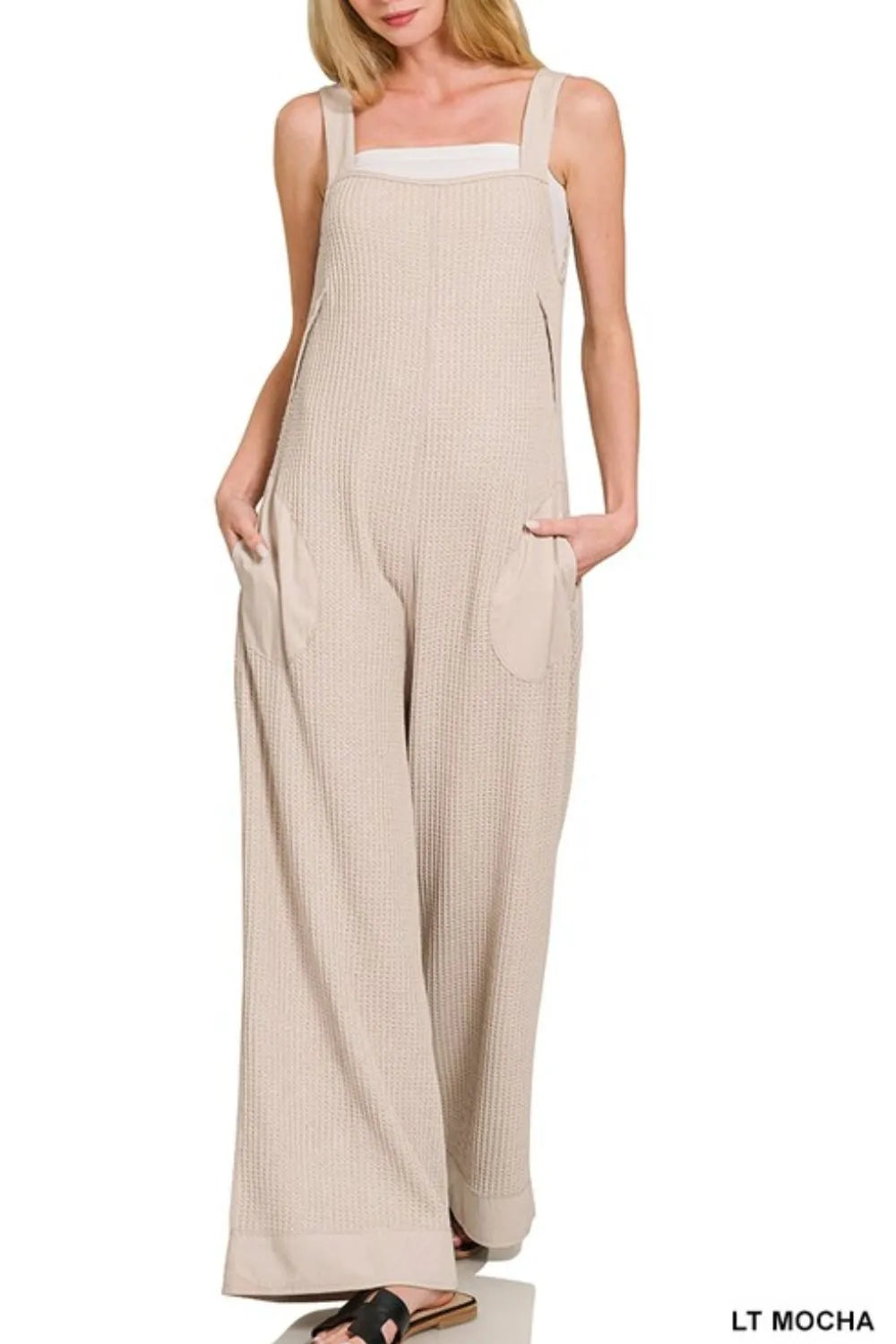 Zenana Light Mocha Knit Waffle Wide Leg Overalls