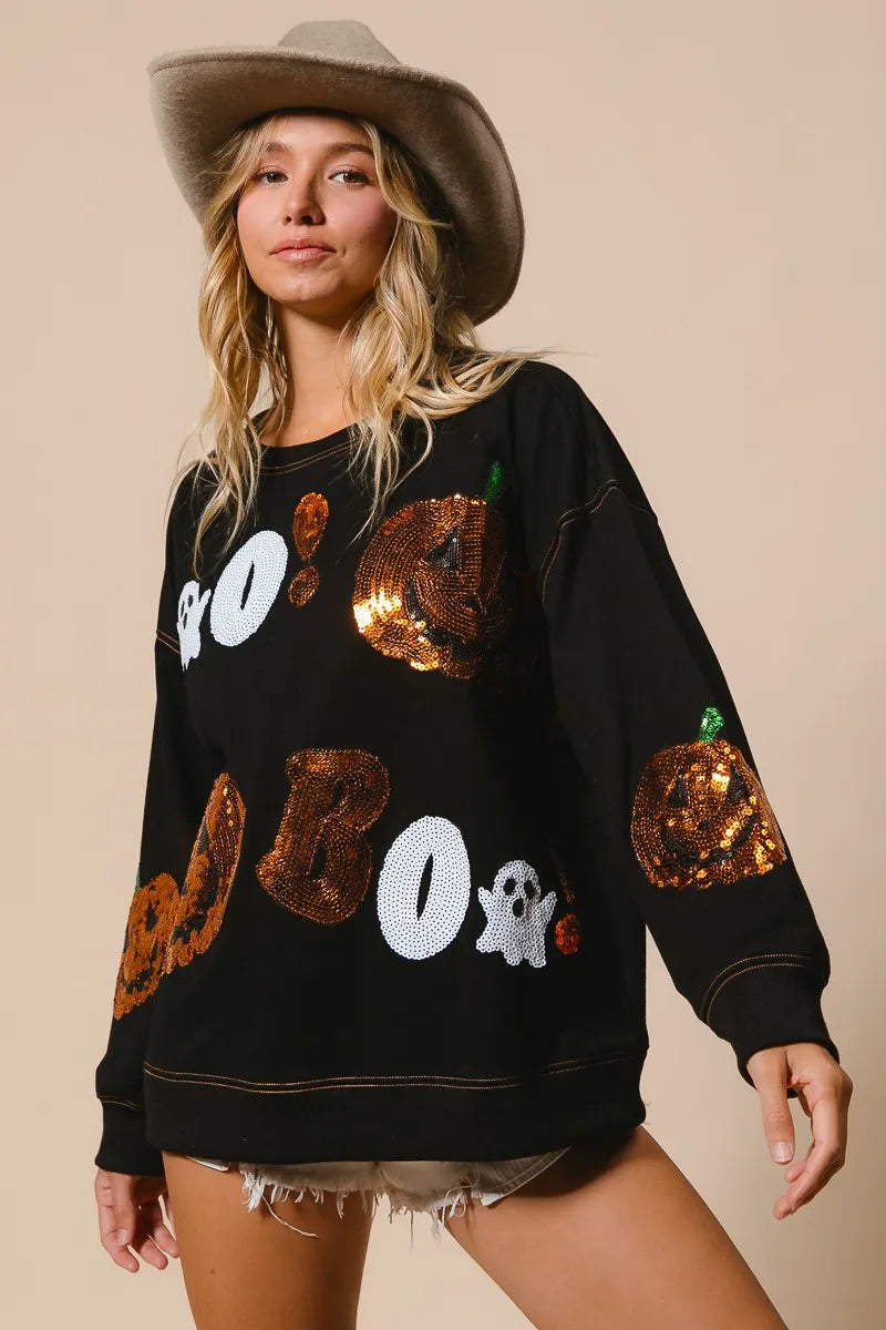BiBi Black Halloween Theme Sequin Embroideries Sweatshirt