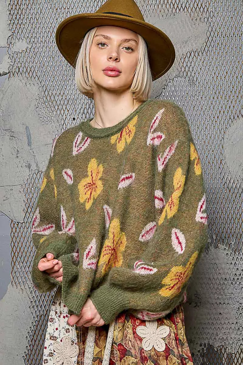 POL Olive Floral Pattern Round Neck Balloon Sleeve Sweater