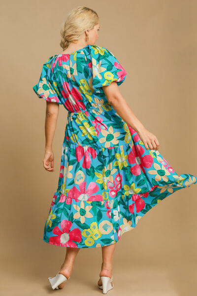 Umgee Azure Tiered Floral Print Notched Puff Sleeve Midi Dress