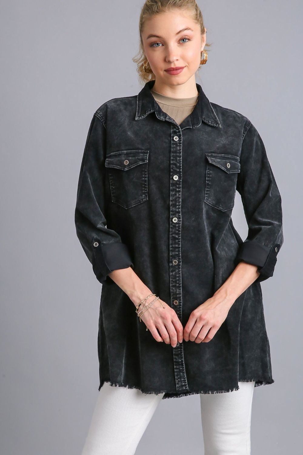 Umgee Black Raw Hem Button Down Denim Jacket with Chest Pockets Black Coats & Jackets