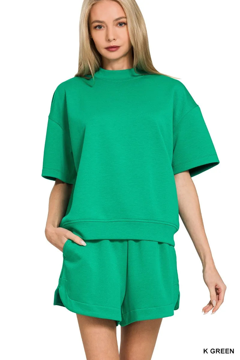 Zenana Blue Indigo Scuba Short Sleeve Top & Shorts Set