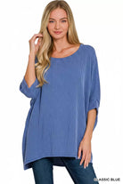Zenana Classic Blue Raised Rib Bat Sleeve Top