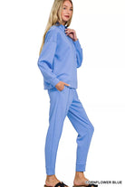 Zenana Cornflower Blue Scuba Half Zip Pullover and Jogger Set