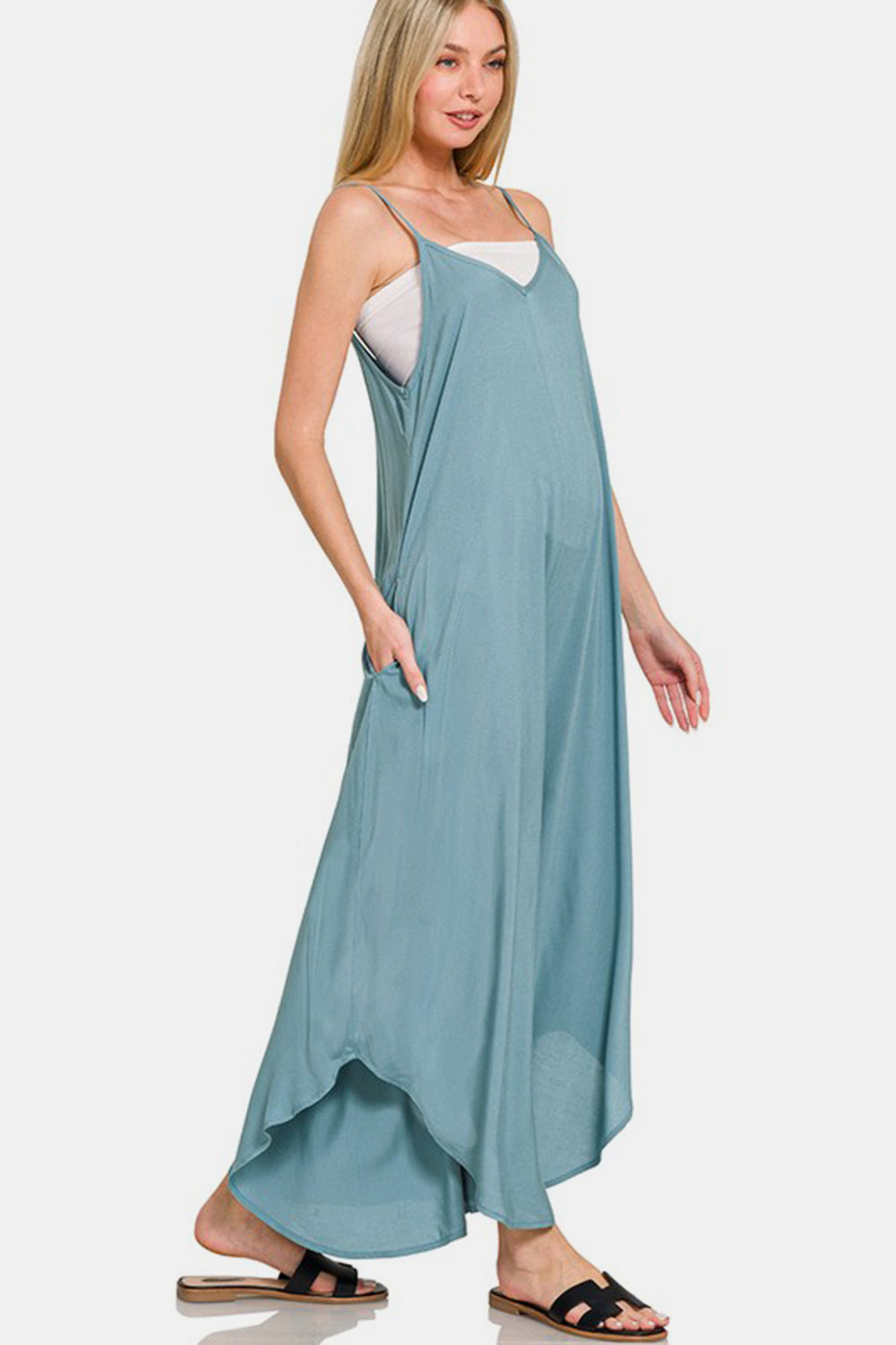 Zenana Blue Gray Spaghetti Strap Wide Leg Challis Jumper with Pockets Jumpsuits & Rompers