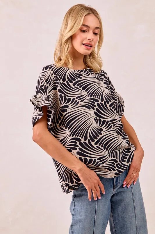 BiBi Black Print Woven Ruffled Sleeves Top
