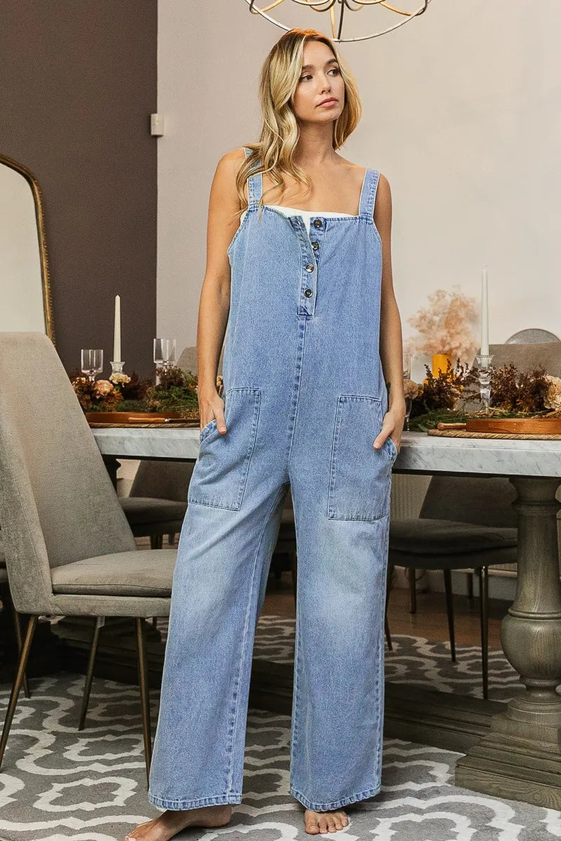 BiBi Washed Denim Buttoned Overall Jumpsuit