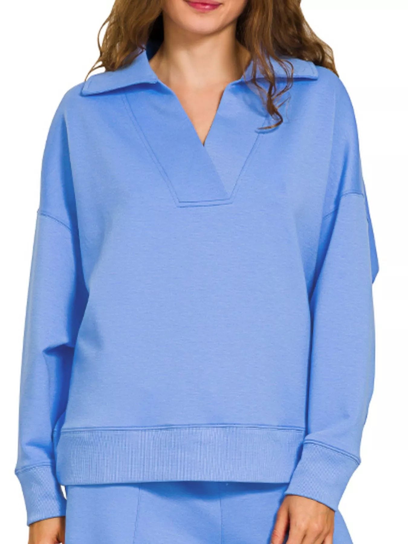 Zenana Cornflower Blue Scuba Collared Pullover and Pants Set