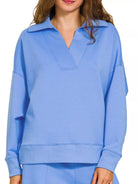 Zenana Cornflower Blue Scuba Collared Pullover and Pants Set