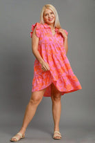 Umgee Pink & Orange Floral Print Ruffle Cap Sleeve Tiered Dress