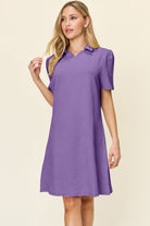 Double Take Quilted Textured Collared Neck Puff Sleeve Dress Lavender Trendsi