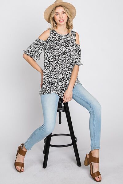 Heimish Leopard Round Neck Cold Shoulder Ruffle Sleeve Blouse