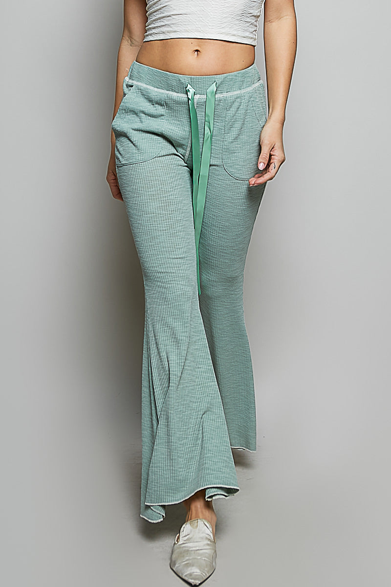POL Pale Sage Drawstring Textured Ribbed Knit Pants PALE SAGE