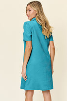 Double Take Quilted Textured Collared Neck Puff Sleeve Dress Trendsi