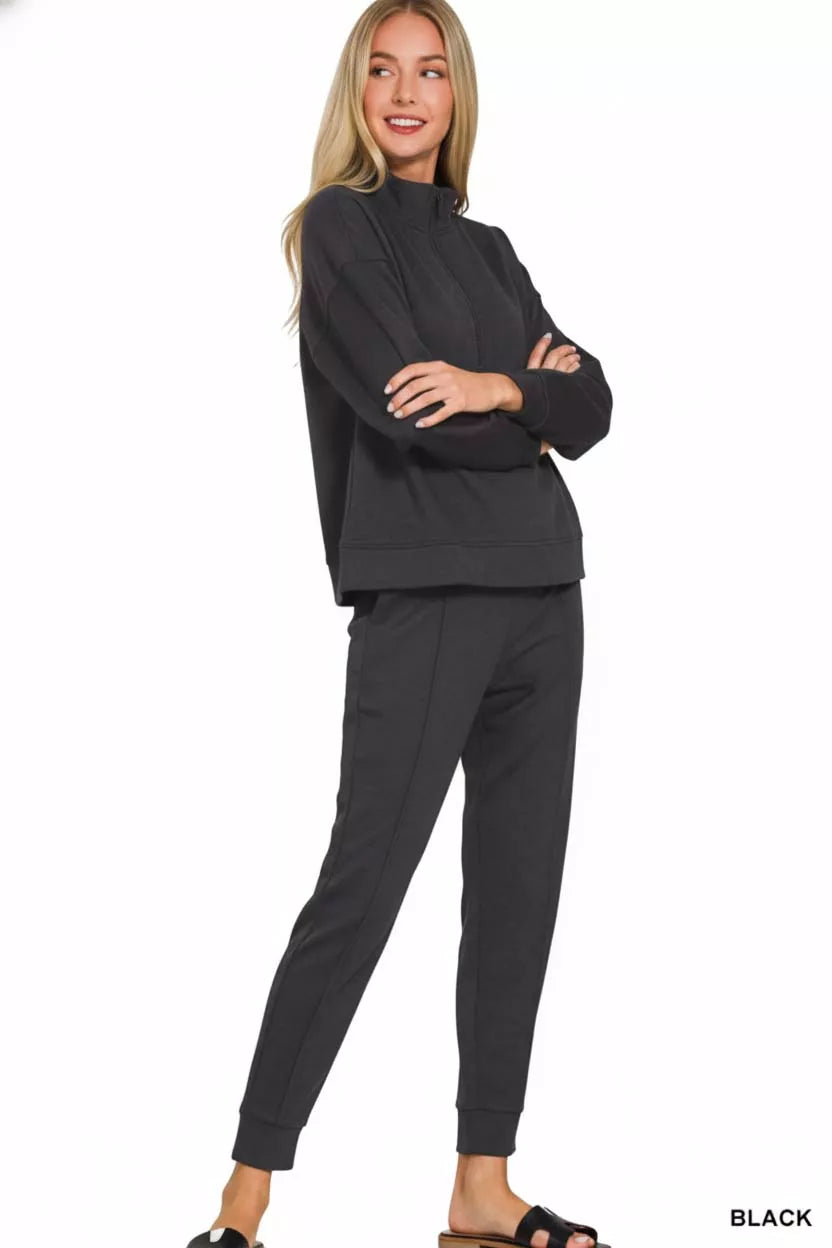 Zenana Black Scuba Half Zip Pullover and Jogger Set