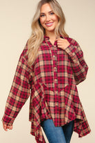 Haptics Burgundy/Taupe Plaid Button Down Sharkbite Shirt Trendsi