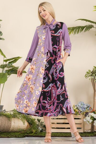 Celeste Pink & Purple Paisley And Floral Contrast Tent Midi Dress