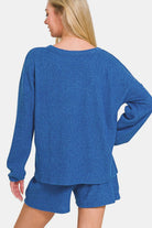 Zenana Royal Blue V-Neck Long Sleeve Ribbed Top and Shorts Set Loungewear