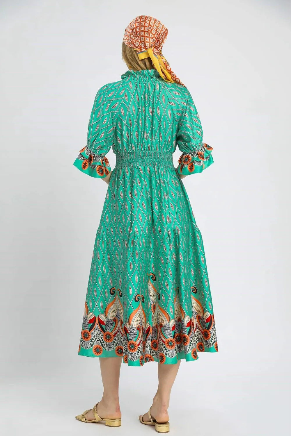 Umgee Turquoise Mint Boho Printed Smocked Waist Flounce Sleeve Midi Dress