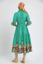 Umgee Turquoise Mint Boho Printed Smocked Waist Flounce Sleeve Midi Dress