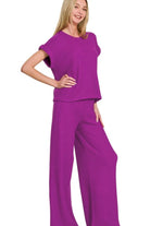 Zenana Light Plum Rolled Sleeve Top and Pants Sweater Set LT PLUM