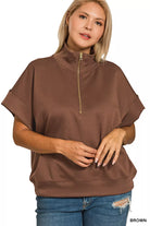 Zenana Brown Scuba High Neck Half Zip Short Sleeve Top