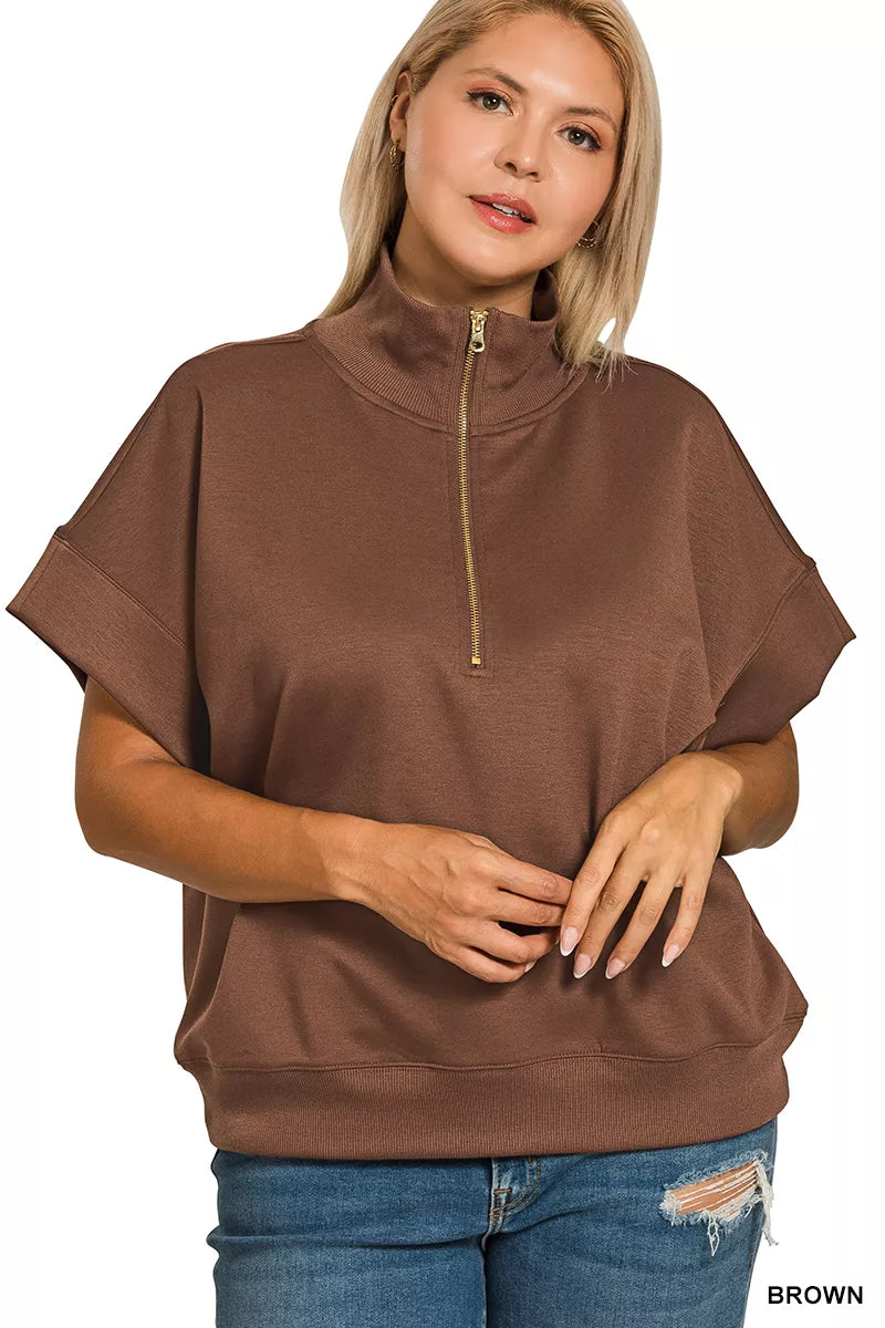 Zenana Brown Scuba High Neck Half Zip Short Sleeve Top