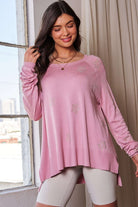 Davi & Dani Pink High-Low Rhinestone Star Round Neck Long Sleeve Top Pink Shirts & Tops