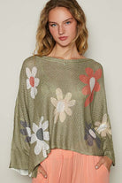 POL Olive Flower Dropped Shoulder Long Sleeve Knit Top Shirts & Tops