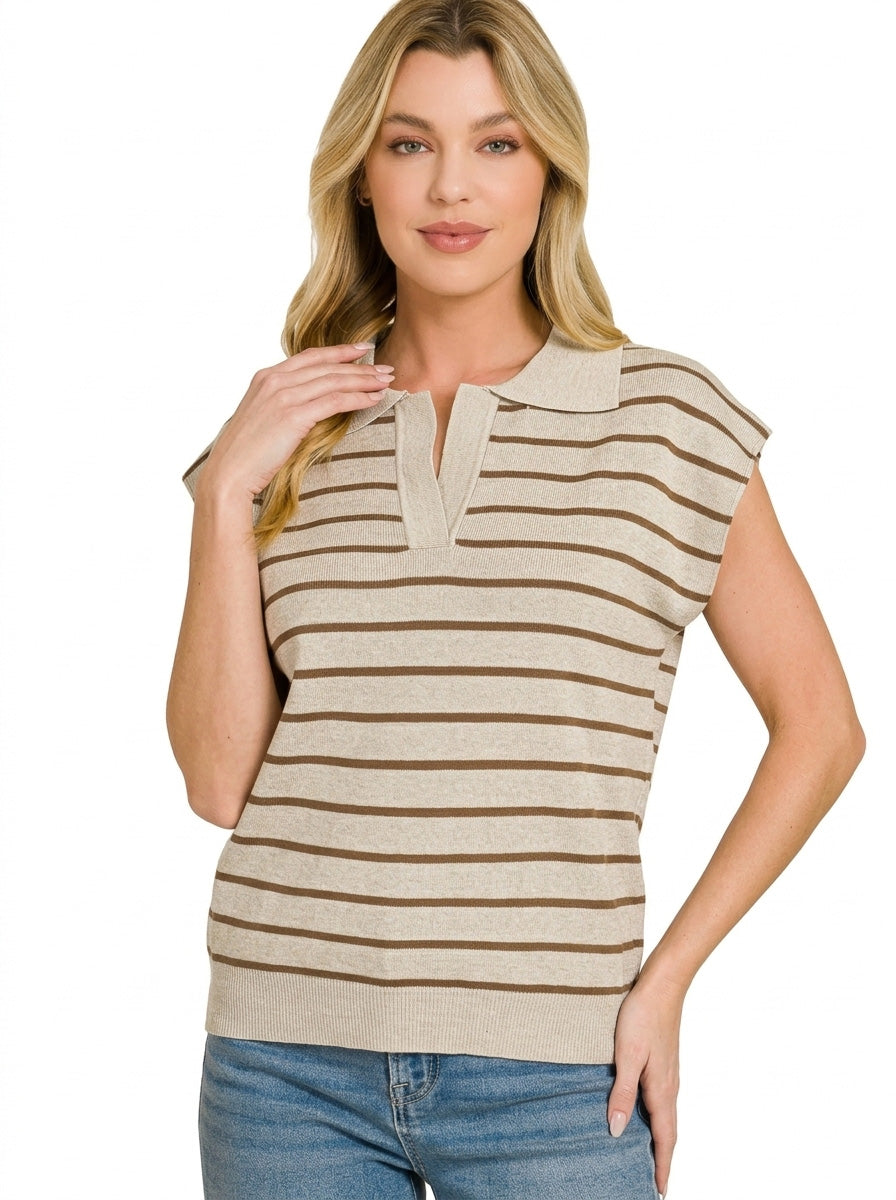 Zenana Mocha Viscose Striped Collared Sweater Vest