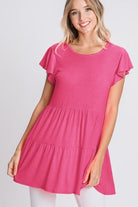 Heimish Hot Pink Tiered Round Neck Ruffle Sleeve Top Plus Size Hot Pink