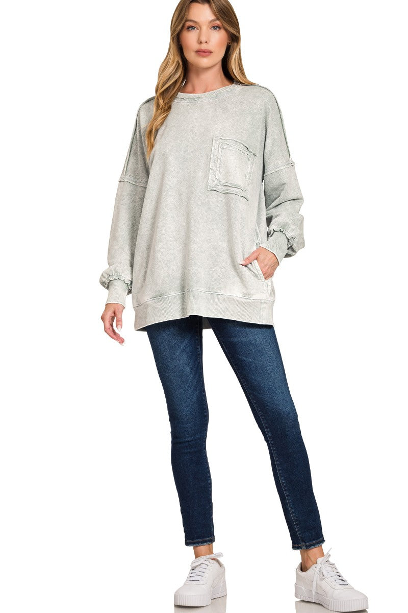 Zenana Light Grey Halo Washed French Terry Exposed-seam Sweatshirt