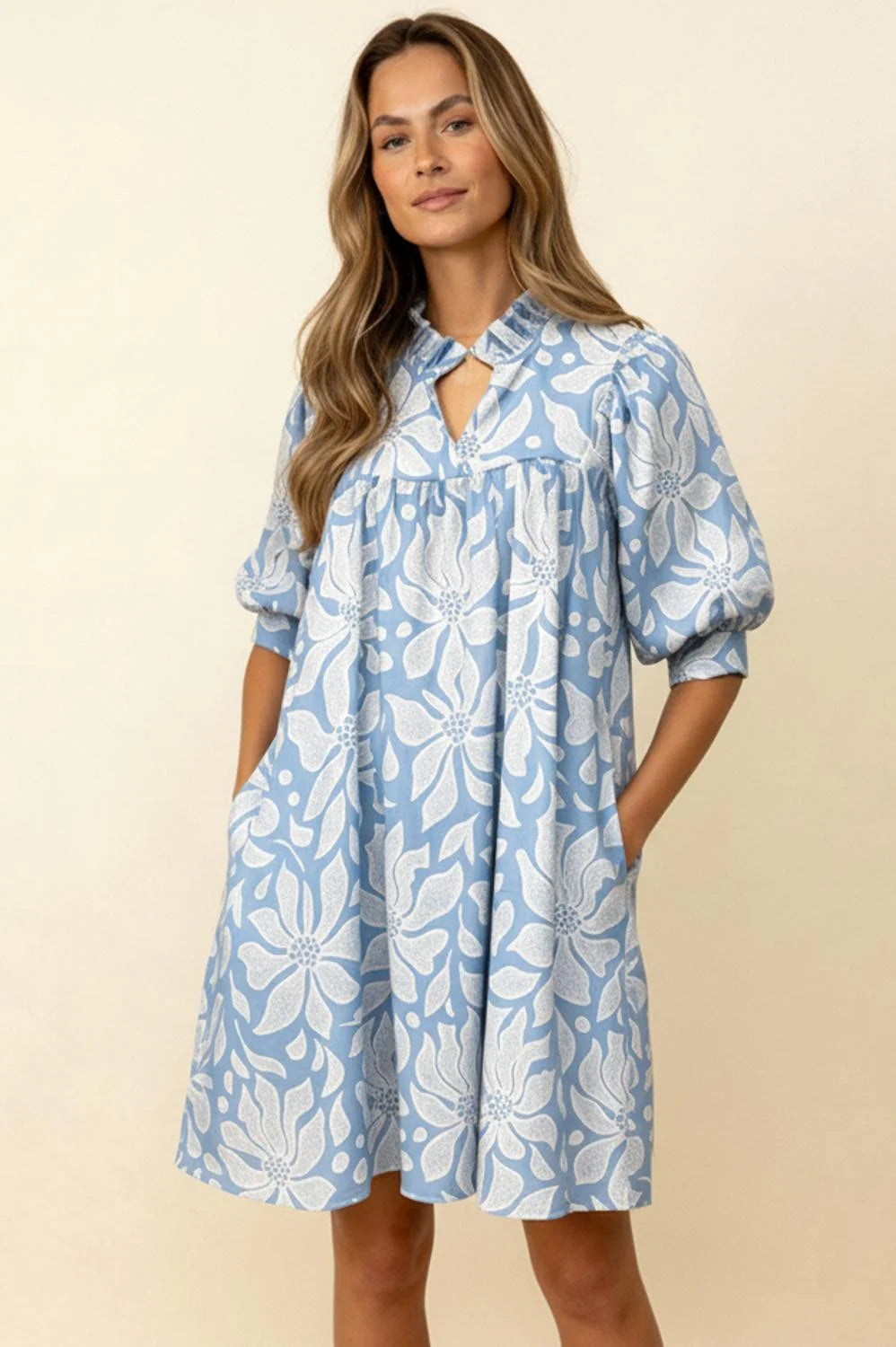 Haptics Frilled Notch Neck Yoke Floral Woven Dress
